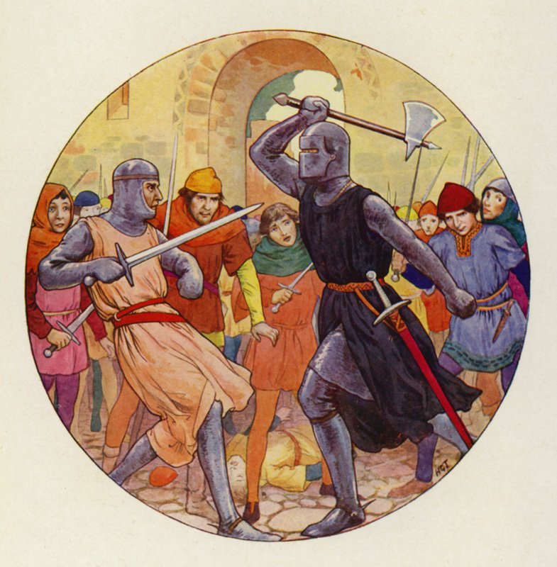 Isambart třikrát zatlačil a třikrát se mu to povedlo (barevná litografie) od Harry George Theaker