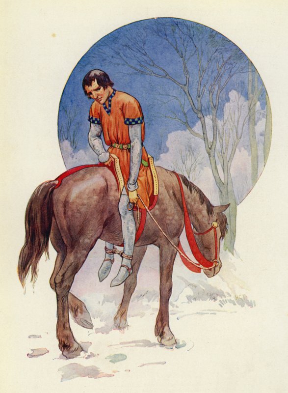 Guy tedy odjel čelem k nim, nohy pevně přivázané pod koněm (barevná litografie). od Harry George Theaker