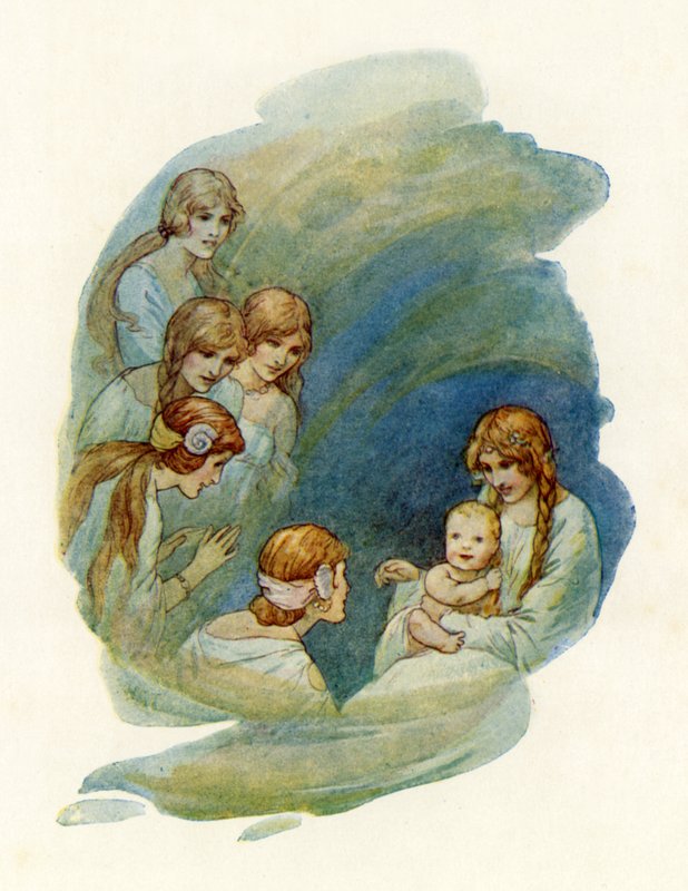 Malý Lancelot se probouzí a usmívá (barevná litografie) od Harry George Theaker
