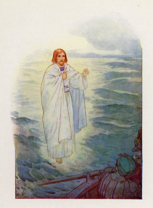 Rybáři, kteří se procházeli po rozbouřeném moři, spatřili Ježíšovu postavu (barevná litografie). od Harry George Theaker
