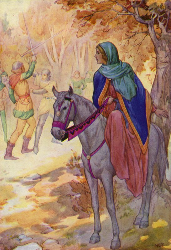 Obratem tak rychlým, že nikdo nedokázal říct, jak se to stalo, Robin vytrhl Guyovi meč z ruky (barevná litografie). od Harry George Theaker
