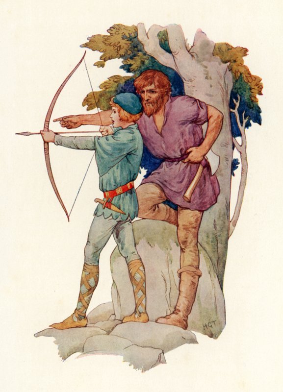 Mladý Lancelot se učí od lesníka střílet z luku (barevná litografie) od Harry George Theaker