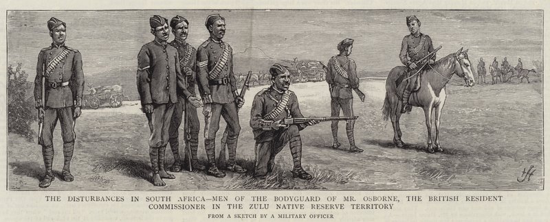 Nepokoje v Jižní Africe, Muži z osobního strážce pana Osbornea, britského rezidentního komisaře v Zulu Native Reserve Territory od Harry Hamilton Johnston