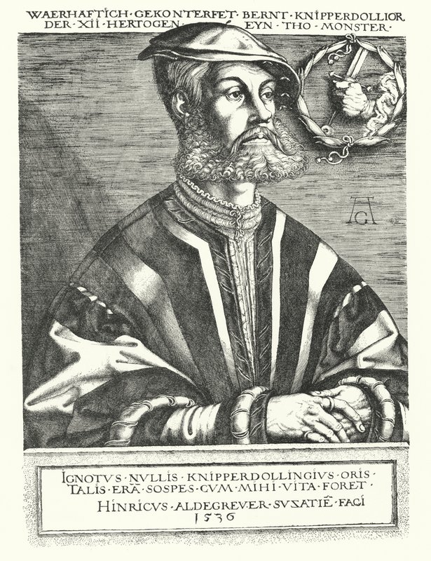 Bernhard Knipperdolling, německý vůdce anabaptistů a jeden z vůdců Munsterského povstání v letech 1534-1535 (rytina) od Heinrich (after) Aldegrever