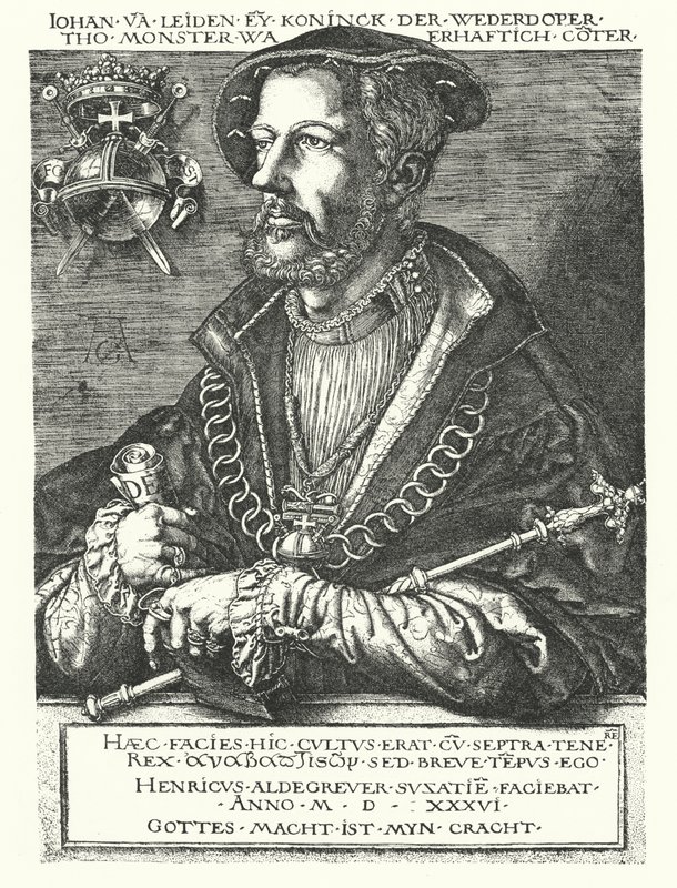 John z Leidenu, holandský anabaptistický vůdce a jeden z vůdců Munsterského povstání v letech 1534-1535 (rytina) od Heinrich (after) Aldegrever