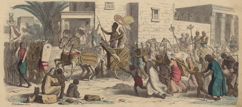 Staroegyptský faraon vyrážející do války (barevná rytina) od Heinrich Leutemann