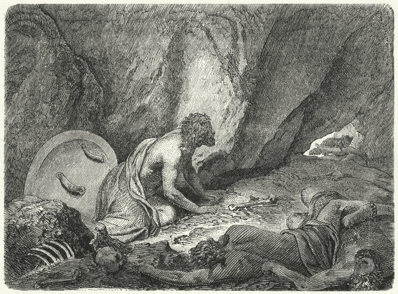 Aristomenes utíkající z jámy, do které byl uvržen Sparťany (rytina) od Heinrich Leutemann