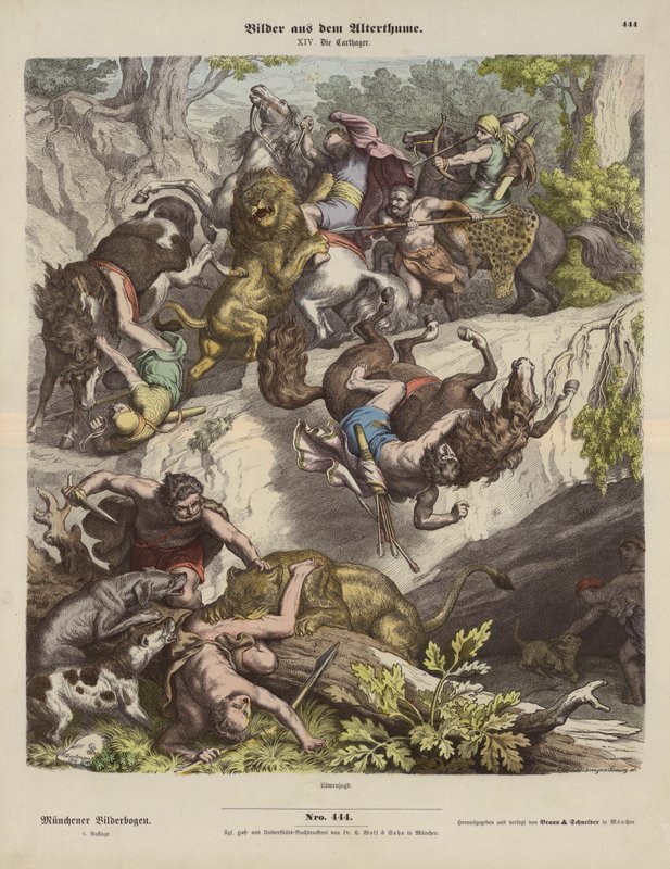 Kartaginský lov lva (barevná rytina) od Heinrich Leutemann
