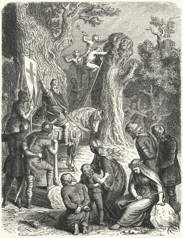 Karel Veliký nařizuje pokácení Irmensaule, posvátného dubu Sasů, 772 (rytina) od Heinrich Leutemann
