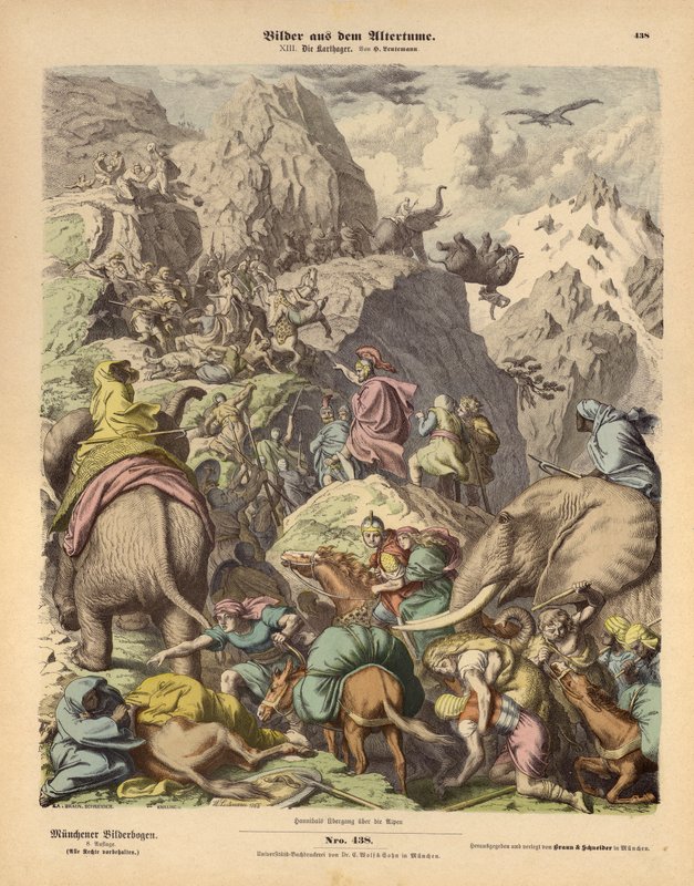 Hannibal vedoucí kartáginskou armádu přes Alpy (barevná rytina) od Heinrich Leutemann