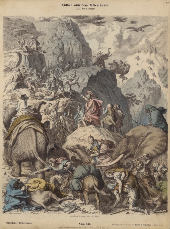 Hannibal vedoucí kartáginskou armádu přes Alpy (barevná rytina) od Heinrich Leutemann