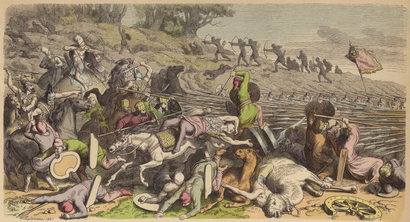 Makedonská falanga v bitvě s Peršany (barevná rytina) od Heinrich Leutemann