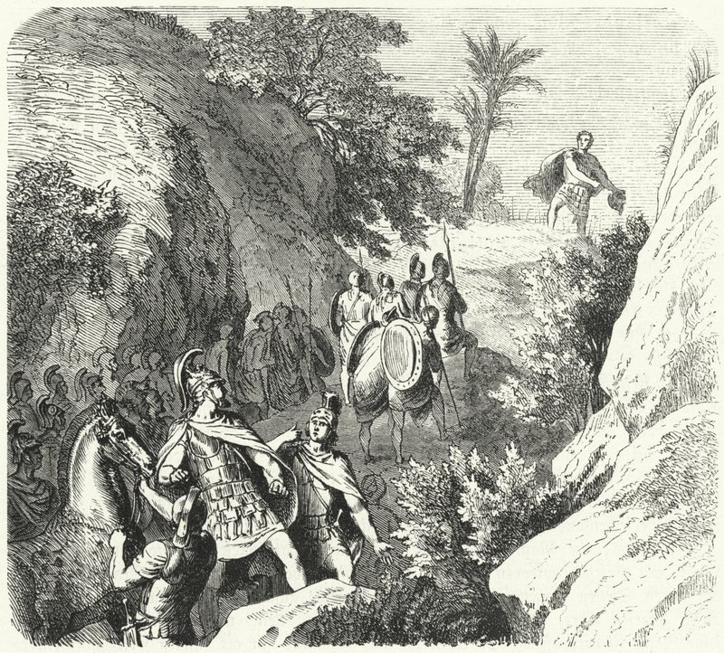 Perseus Makedonský na pochodu soutěskami Thesálie (rytina) od Heinrich Leutemann