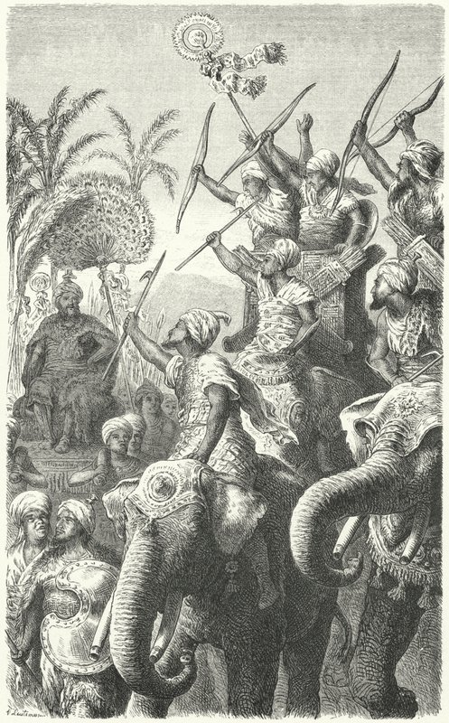 Porus, král Pauravas, hodnotí své válečné slony (rytina) od Heinrich Leutemann