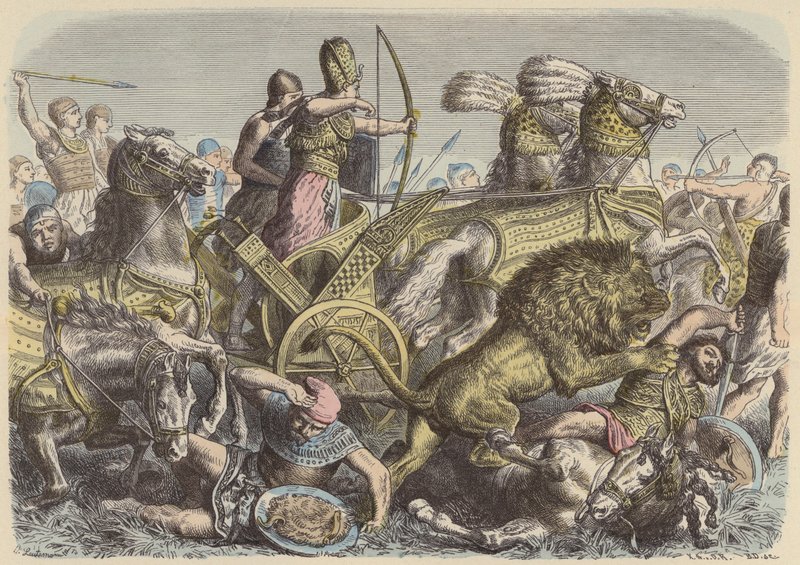 Ramesse Veliký z Egypta na bitevním poli (barevná rytina) od Heinrich Leutemann