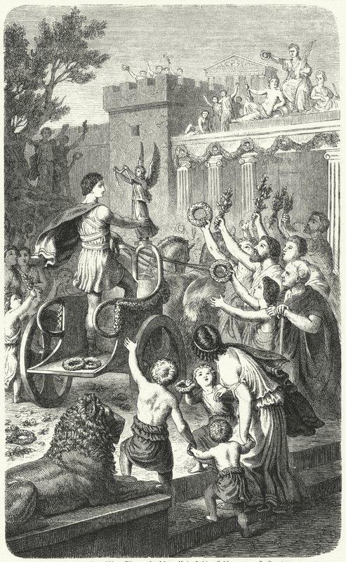 Přijetí olympijského vítěze v jeho rodném městě ve starověkém Řecku (rytina) od Heinrich Leutemann