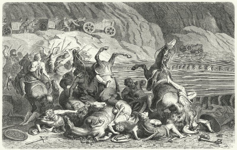 Římané nasazení ve formaci falangy proti thrácké jízdě (rytina) od Heinrich Leutemann