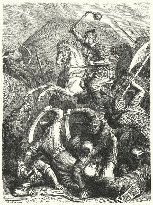 Kozácký vojenský velitel Jermak Timofejevič v bitvě s Tatary z Kuchum Khan (rytina) od Heinrich Leutemann