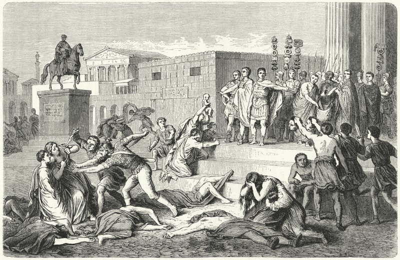 Triumvirát Marka Antonia, Marca Aemilia Lepida a Octaviana vyhlašující zákazy proti jejich politickým nepřátelům, 43 př.n.l. od Heinrich Leutemann