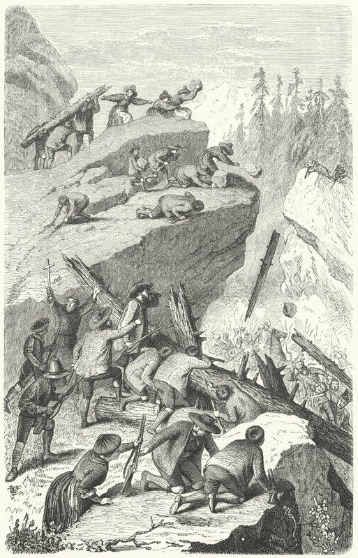 Tyrolští rebelové bojující proti francouzské armádě v bitvě u Sachsenklemme od Heinrich Leutemann