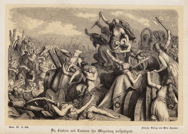 Ženy Cimbrů a Teutonů bránící svůj vlak se zavazadly před Římany (rytina) od Heinrich Leutemann