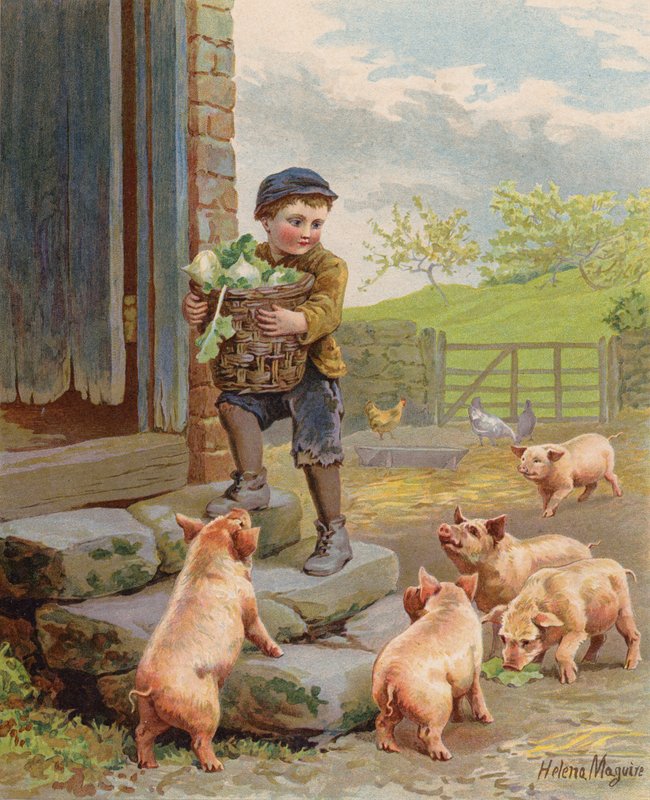 Hladová prasata sledující chlapce nesoucího košík tuřínů na farmě (chromolitho) od Helena J. Maguire