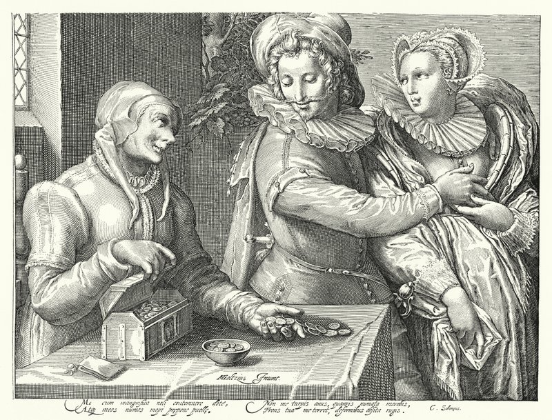 Mladý muž volí raději lásku ke kráse než k bohatství (rytina) od Hendrik (after) Goltzius