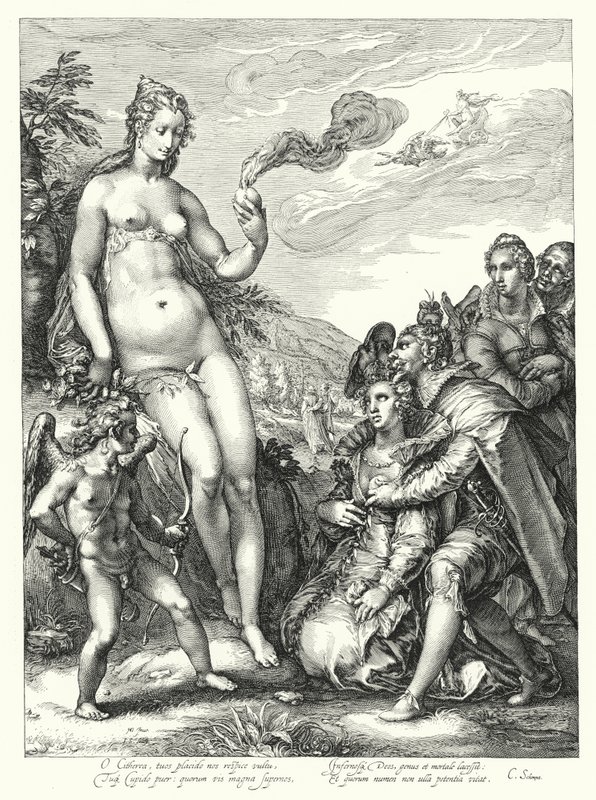 Venuše, Amor a dva páry milenců (rytina) od Hendrik (after) Goltzius
