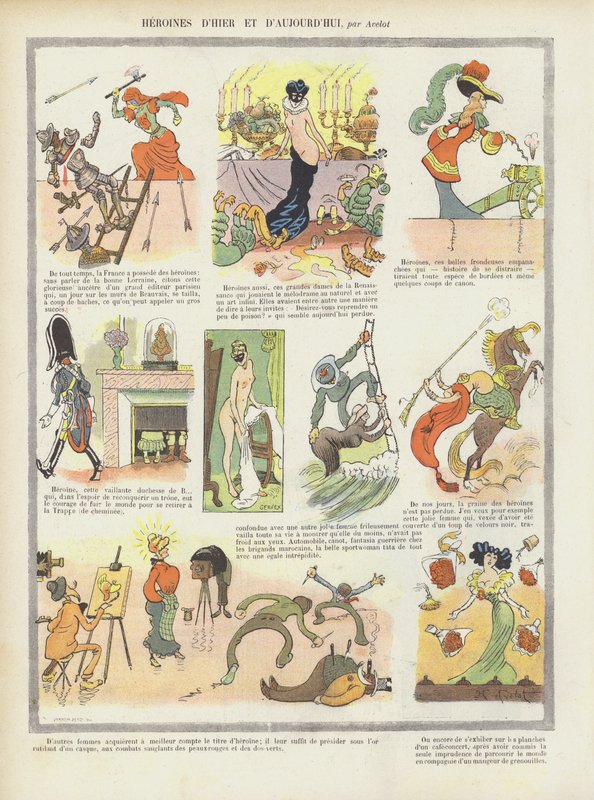 Hrdinky minulosti a současnosti. Ilustrace pro Le Rire od Henri Avelot