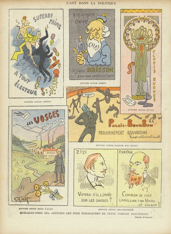 Imaginární francouzské volební plakáty, ilustrace pro Le Rire od Henri Avelot