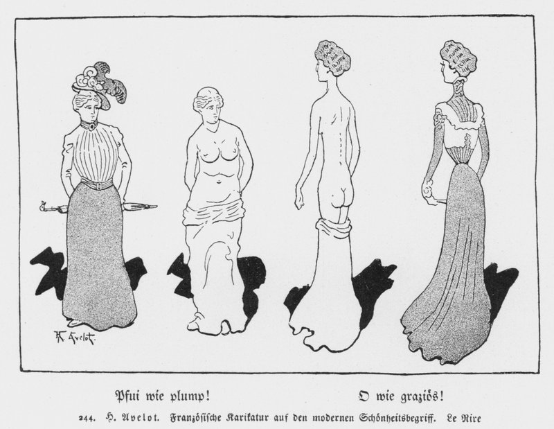Pú, jak baculatý! Oh, How Graceful!, Francouzská karikatura z Le Rire o moderním pojetí krásy (litho) od Henri Avelot