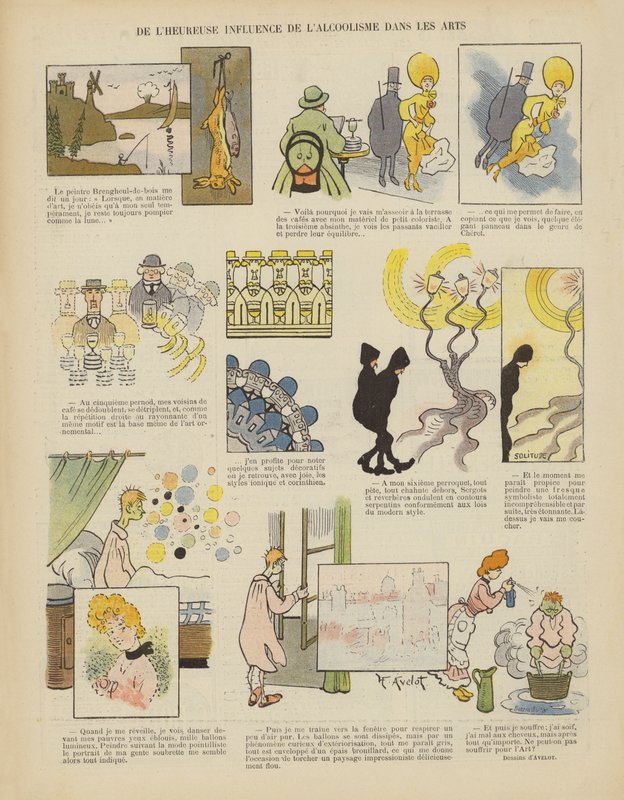 Šťastný vliv alkoholismu na umění. Ilustrace pro Le Rire od Henri Avelot