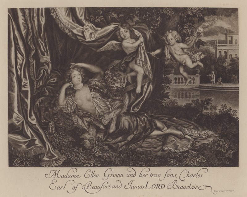 Nell Gwyn a její dva synové, Charles, hrabě z Burfordu, a James, Lord Beauclerk (rytina) od Henri Gascar