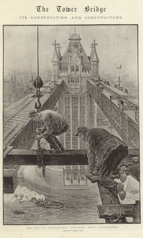 Tower Bridge, jeho stavba a stavitelé (litografie) od Henri Lanos