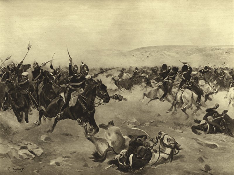 Útok těžké brigády, bitva u Balaklavy, 1854 (hlubotisk) od Henri Louis Dupray