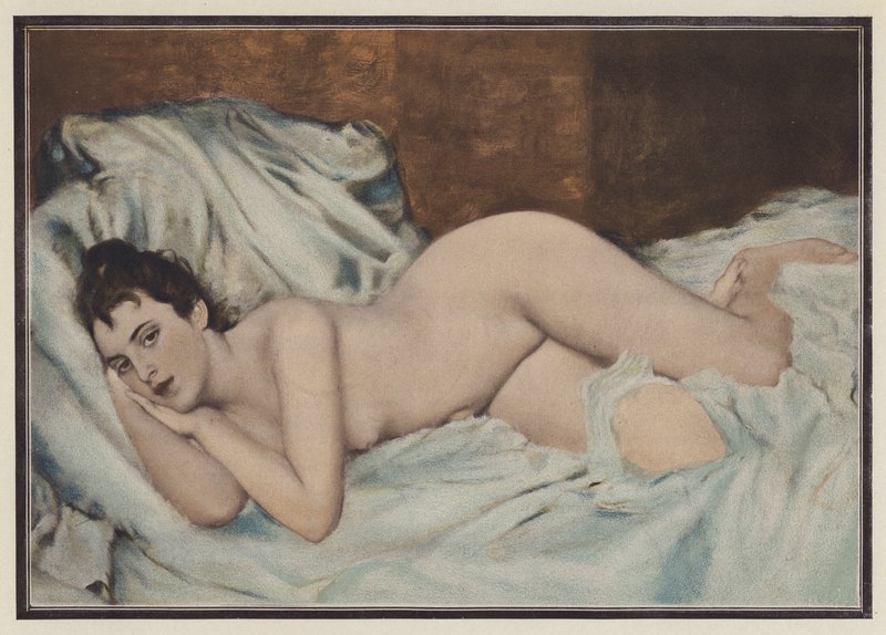 Nahá žena na posteli (barva litho) od Henri Lucien (after) Doucet