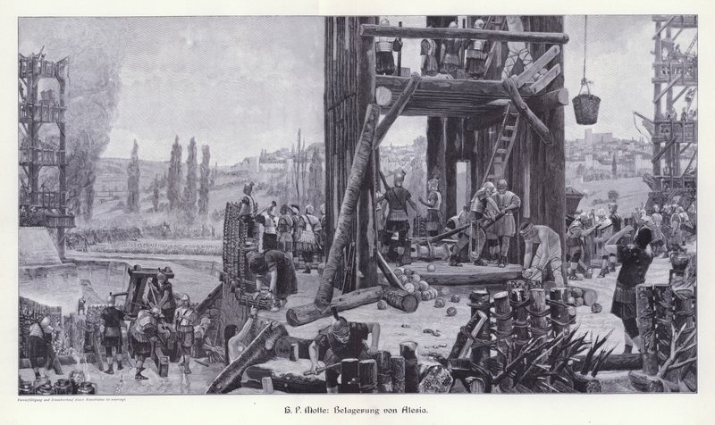 Siege of Alesia, Galie, 52 př. n. l., Ilustrace z moderního umění v mistrovských dřevořezech (Richard Bong, Berlín, cca 1904 (rytina) od Henri Paul (after) Motte