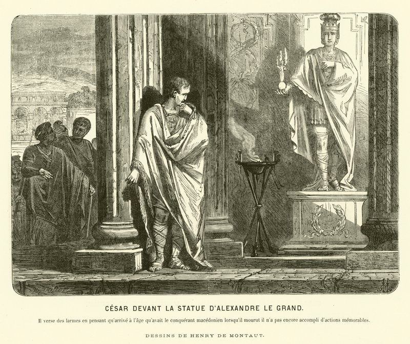 Julius Caesar před sochou Alexandra Velikého ve Španělsku, naříkající nad rozsahem svých úspěchů ve srovnání s tím, že Alexandr dosáhl stejného věku jako jeho smrt, c67 př.nl (rytina) od Henri de (after) Montaut