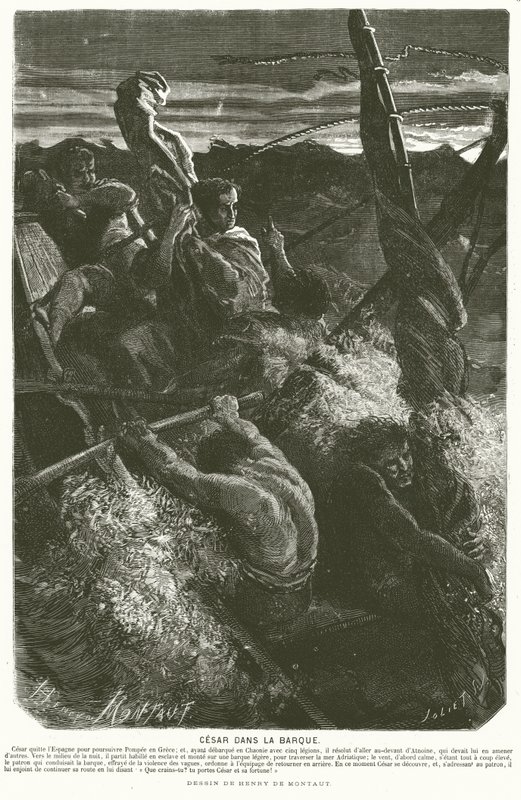Julius Caesar, převlečený za otroka, odhalující svou totožnost posádce člunu zachyceného v bouři při překračování Jaderského moře, 48 př.nl (rytina) od Henri de (after) Montaut
