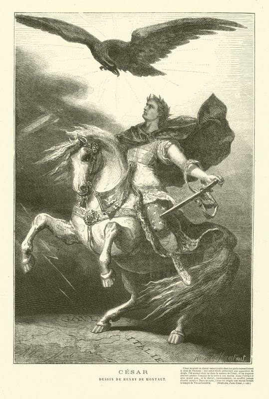 Julius Caesar na koni s císařským orlem nad ním (rytina) od Henri de (after) Montaut