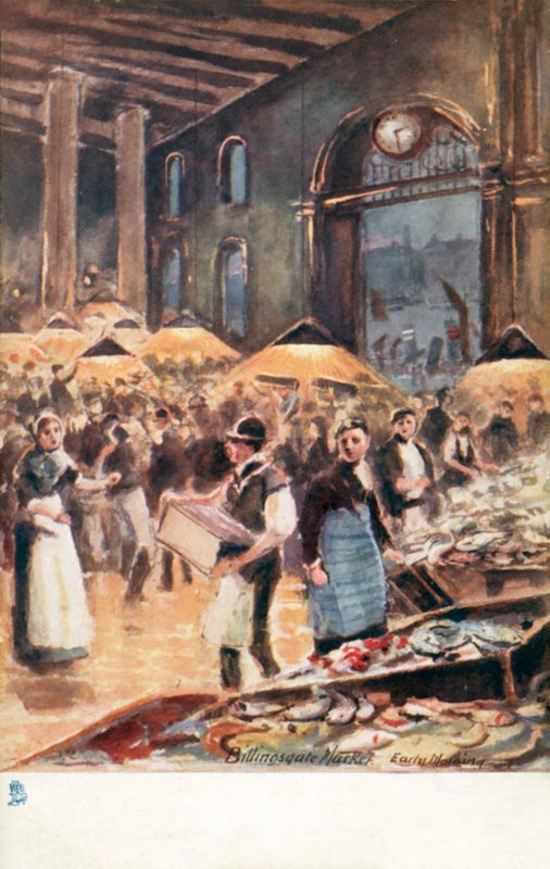 Starý Londýn: trh Billingsgate, časné ráno (barevná litografie) od Henrie Pitcher