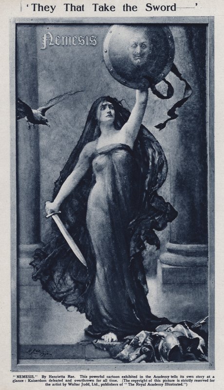 Nemesis, karikatura o porážce císaře Viléma II a Německa v první světové válce vystavená v Královské akademii (litho) od Henrietta (after) Rae