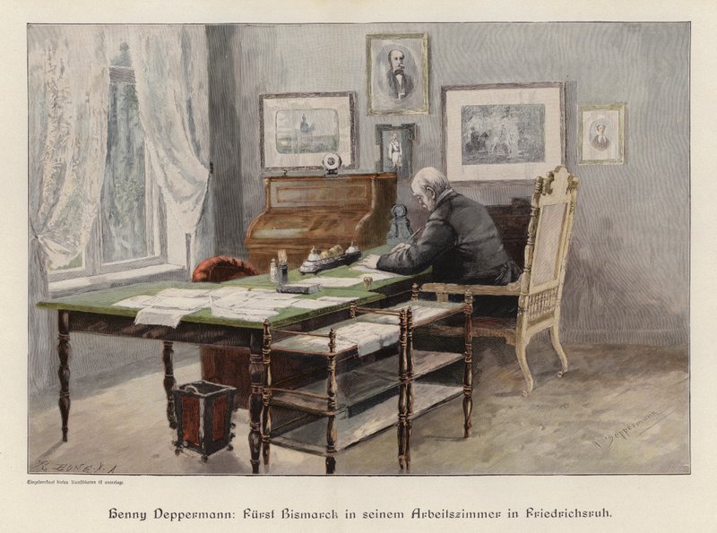 Otto von Bismarck ve své studii ve Friedrichsruhu, Německo (barevná rytina) od Henriette Deppermann
