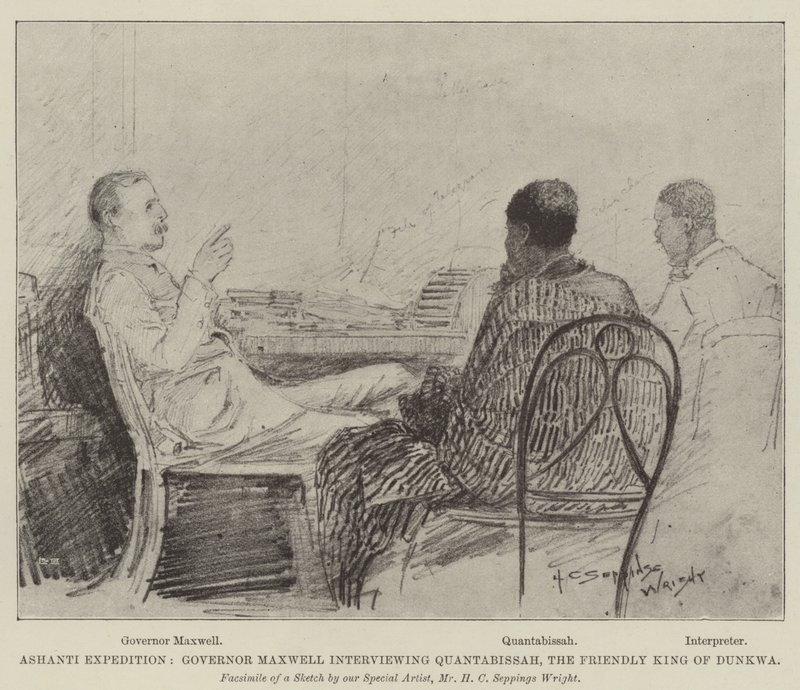Ashanti Expedition, guvernér Maxwell s rozhovorem s Quantabissahem, přátelským králem Dunkwy od Henry Charles Seppings Wright