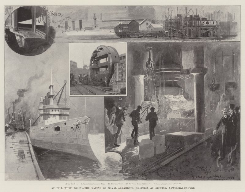 Opět při plné práci, výroba námořní výzbroje, skici v Elswicku, Newcastle-on-Tyne od Henry Charles Seppings Wright