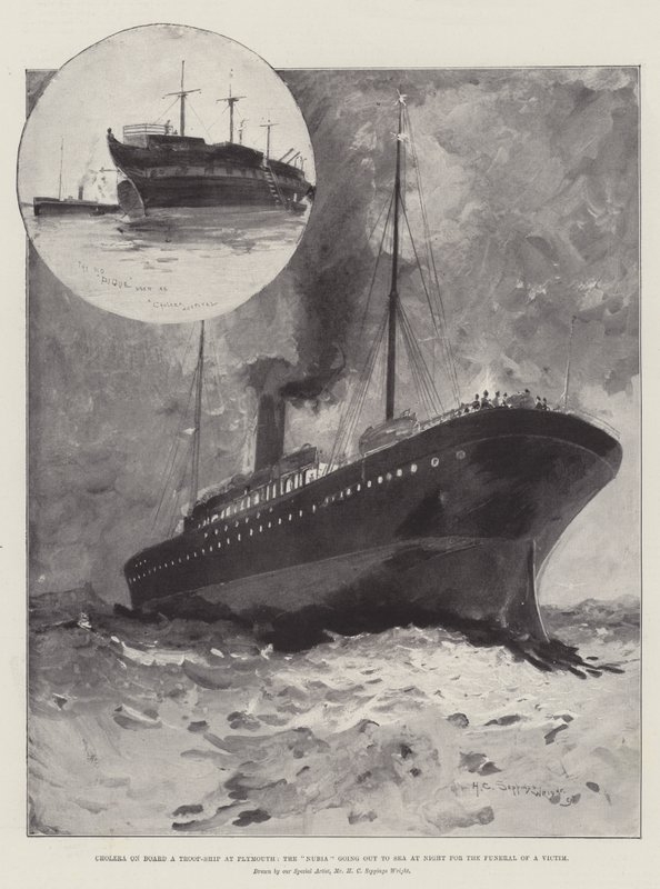 Cholera na palubě vojenské lodi v Plymouthu, Núbie vyjíždějící v noci na moře na pohřeb oběti od Henry Charles Seppings Wright