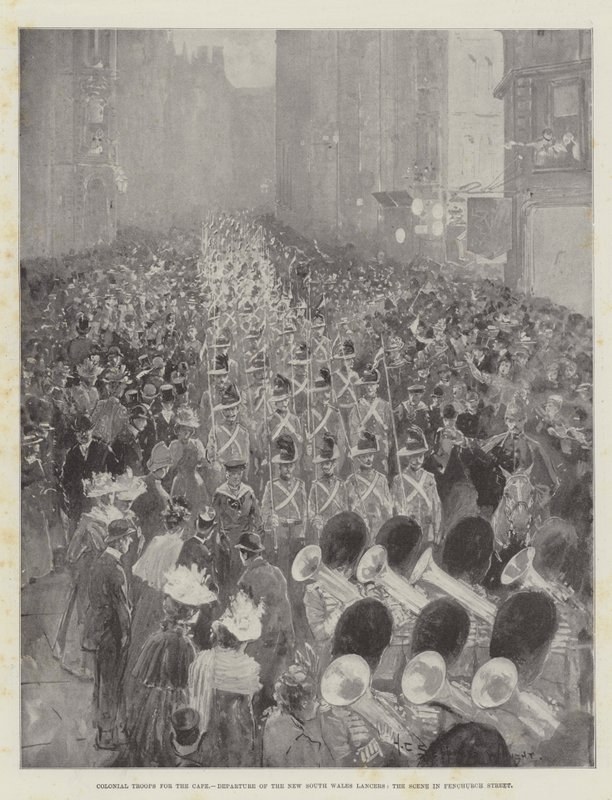 Colonial Troops for the Cape, Odjezd Lancerů z Nového Jižního Walesu, Scéna ve Fenchurch Street od Henry Charles Seppings Wright