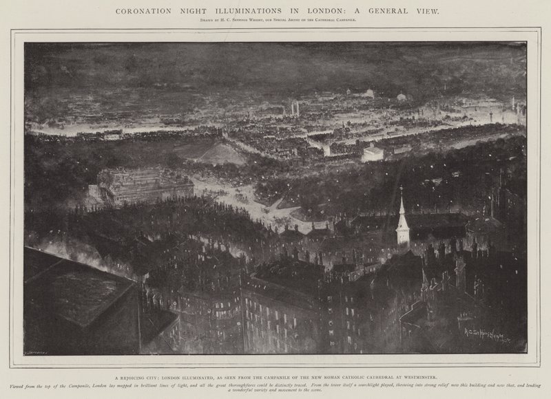 Coronation Night Illuminations in London, General View, a Rejoicing City, London Illuminated, jak je vidět z Campanile Nové římskokatolické katedrály ve Westminsteru od Henry Charles Seppings Wright