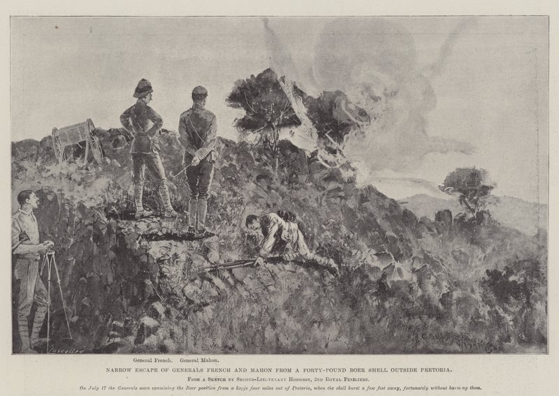 Úzký útěk generálů Frencha a Mahona ze čtyřicetilibrového búrského mušle u Pretorie od Henry Charles Seppings Wright