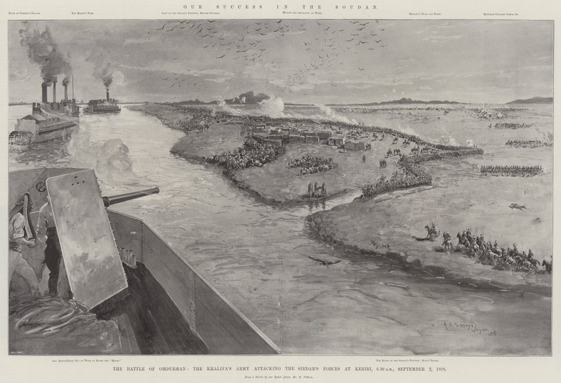 Náš úspěch v Soudanu, bitva o Omdurman, Khalifova armáda útočící na Sirdarovy síly u Keriri, 6:30, 2. září 1898 od Henry Charles Seppings Wright